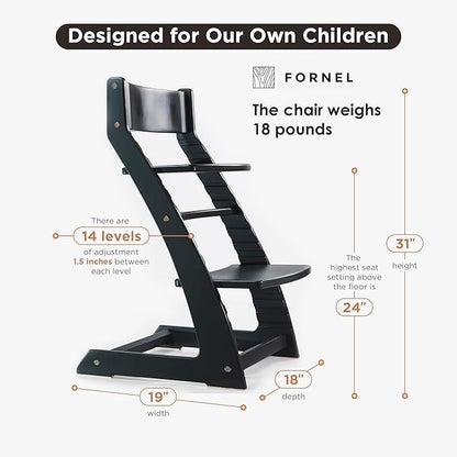 FORNEL Modern Black Wooden High Chair | The Adjustable Grow-with-Me Chair, A Sleek Alternative to Stokke | Perfect for Minimalist & Industrial Kitchens