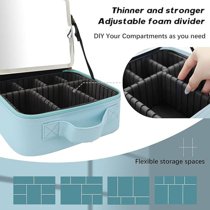 Makeup Bag with Led Mirror,Travel Makeup Organizer with 3 Color Setting, Portable Storage and Adjustable Dividers Travel Makeup Bag(baby blue)