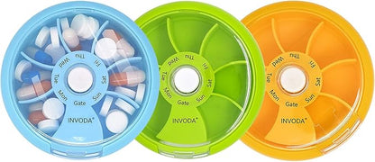 INVODA Weekly Pill Organizer 7 Compartment Rotating Pill Box for Daily Medication & Vitamins - Portable Travel Pill Case Fish Oil Supplements Vitamins Organizer (Green+Sky Blue+Orange)