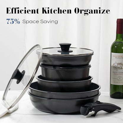15 Pcs Pots and Pans Set Non Stick, Detachable Handle Ceramic Cookware Sets Nonstick, Non Toxic Induction RV Kitchen Cooking Set with Removable Handles, Dishwasher/Oven Safe, Easy Clean