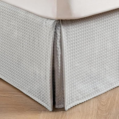 MIYE Pleated Waffle Weave Bed Skirt, Tailored Dust Ruffle 18 Inch Drop Easy Fit, Machine Washable (Light Grey, Queen - 18" Drop)