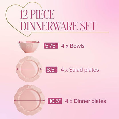 Paris Hilton 12-Piece Dinnerware Set, Embossed Bow Design, Iconic Ceramic