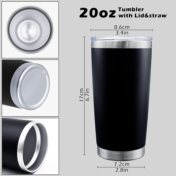 20oz Tumbler Bulk Stainless Steel Tumblers with Lid Vacuum Insulated Double Wall Travel Coffee Mug Powder Coated Tumbler Cup for Hot and Cold Drinks(Black, 12 pack)