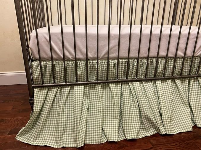 Brandream Gingham Gathered Crib Skirt, Baby Boy, Baby Girl, Gender Neutral Crib Skirt, 100% Cotton, 4-Sided, Green Gingham Toddler Bedskirt Farmhouse Chic Nursery Crib Bed Skirt Dust Ruffle