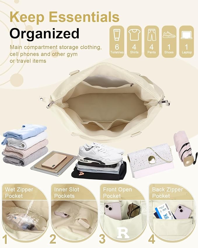 Initial Travel Duffel Bag Sports Gym Bag for Kids Teen Birthday Gifts,Beige Personalized Weekender Bag Carry On Dance Bags for Women Men,Waterproof Monogram Overnight Bag with Trolley Sleeve(Letter R)