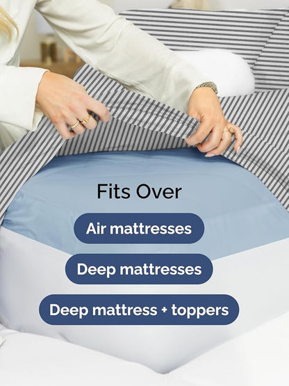 Extra Deep Full Sheet Set - 6 Piece Breathable and Cooling Sheets - Hotel Luxury Bed Sheets Set - Easy Fit - Soft, Wrinkle Free and Comfy Sheets Set - Grey Striped Sheet Set with Extra Deep Pockets