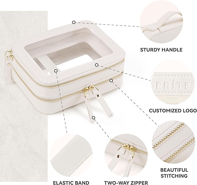 Prite Double Layer Makeup Bag for Women Portable Clear Makeup Bag Cute Waterproof Travel Cosmetic Bag with Gold Zipper for Car Essentials(Beige)