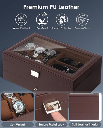 Watch Jewelry Box Organizer, 6-Slot 2-Layer Watch Case and Sunglasses Storage with Large Glass Lid, Men's Jewelry Box with Lock, Watch Holder Display Case, Gift for Men Women