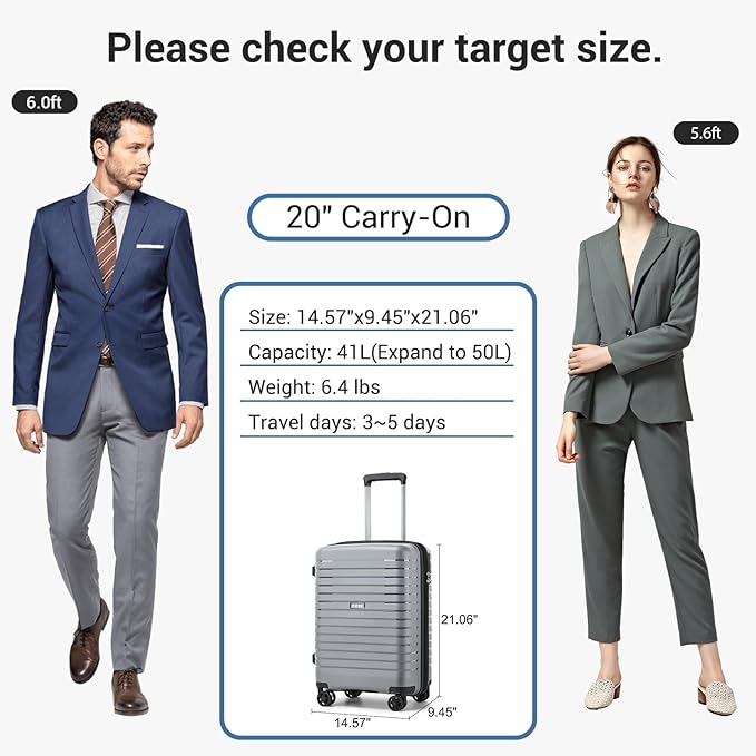 Kono 20 Inch Expandable Carry On Luggage with Spinner Wheels, Durable Hardside Luggage with Hidden Cup Holder, Lightweight Hard Shell Carry On Suitcase Airline Approved with TSA Lock(Light Grey)