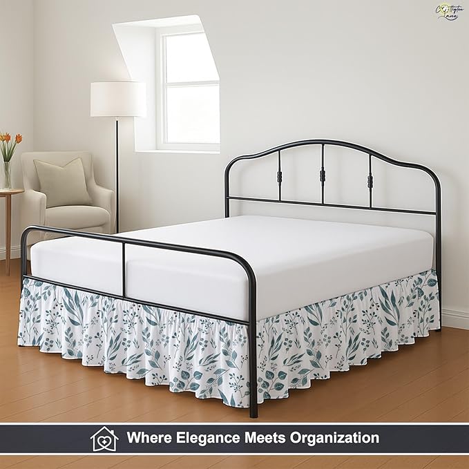 Cottington Lane Ruffled Bed Skirt King Size with Split Corner, Brushed Microfiber Hotel Quality Dust Ruffle, 24" Drop Gathered Bedskirt, Soft, Stylish, Shrink & Fade Resistant, Tranquil Green Petals