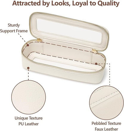 PACKISM Slim Clear Makeup Brush Bag, Pebbled Texture & Hard PU Leather Small Cosmetic Brush Holder, Mini Toiletry Bag Make up Bags with Message Card, Cute Travel Essentials Bag (Cream)