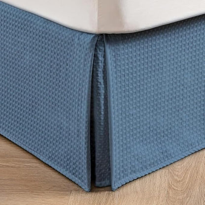 MIYE Pleated Waffle Weave Bed Skirt, Tailored Dust Ruffle 14 Inch Drop Easy Fit, Machine Washable (Blue, Twin - 14" Drop)