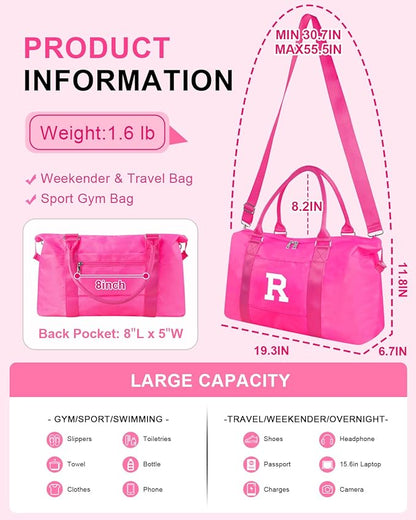 Overnight Bag for Kids Teen Girls Weekender Dance Bag Birthday Graduation Gifts,Initial Travel Duffel Bag Sports Gym Bag Personalized Weekender Bag Carry On Bags Preppy Gifts for Women(Hot Pink, R)