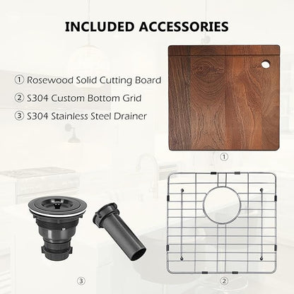 COMLLEN 17x19 Inch Black Drop in Bar Sink, 304 Stainless Steel Utility Kitchen Workstation,Gunmetal 9 Inch Deep Wet Bar Sink, RV Laundry Prep Kitchen Sinks with Dish Grid & Drain & Cutting Board