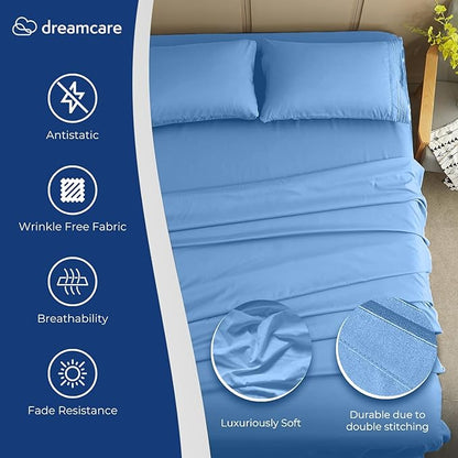DREAMCARE Queen Sheet Set – 4 pcs Cooling Sheets – up to 21” Extra Deep Pocket Queen Sheets – Hotel Luxury Sheets & Pillowcases – Superior Softness 100% Fine Microfiber with Side Pocket – Light Blue