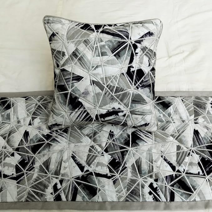 The HomeCentric King/Queen/Twin Grey Decorative CA King 86"x18" Bed Runner Without Pillow Cover, Print & Embroidery Bed Scarf on Cotton Fabric - Grey Angular