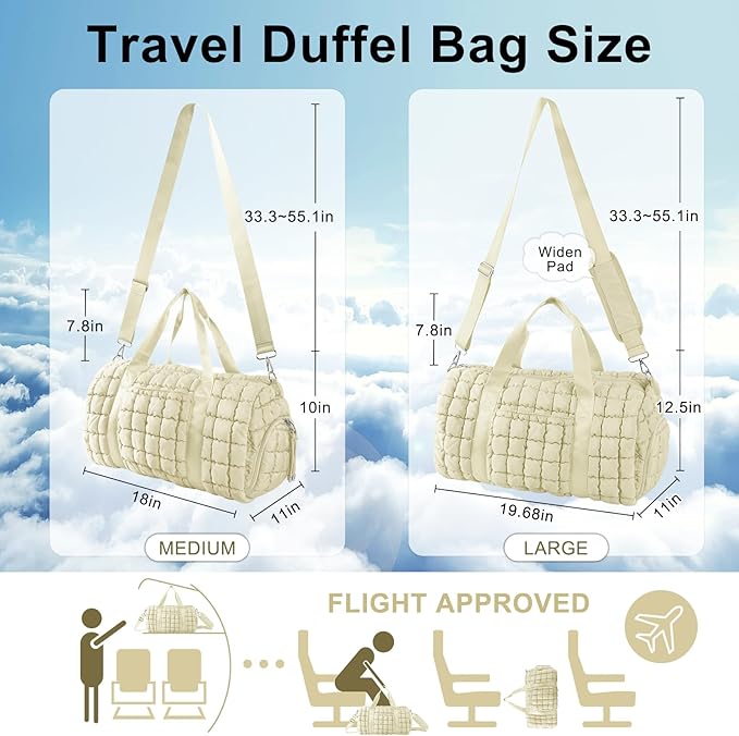 Quilted Travel Duffle Bag Gym Bag for Women,Large Puffer Duffle Weekender Bag with Compartment,Workout Overnight Carry on Organizer Bag Duffle Bag for Airplane Travel(L-Off-white)