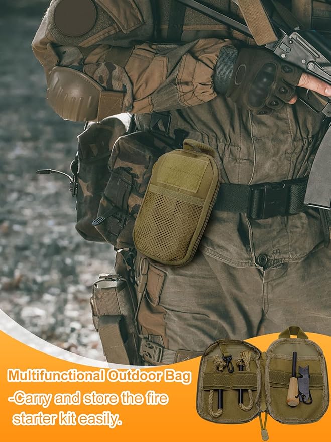 Fire Starter Survival Tool, Fire Starter Kit Includes Magnesium Rod, Steel Striker, 2 Pcs Wick Hemp Rope and Multifunctional Outdoor Bag, Fire Starters for Campfires Hiking Survival Training Gift