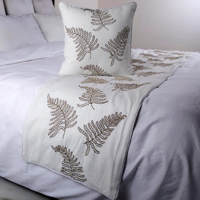 The HomeCentric White Bed Runner Without Pillow Cover, Twin Size 53"x18" Decorative Bed Runner, White Linen Bed Scarf in Fern Embroidery & Pearl - Fern Blossom