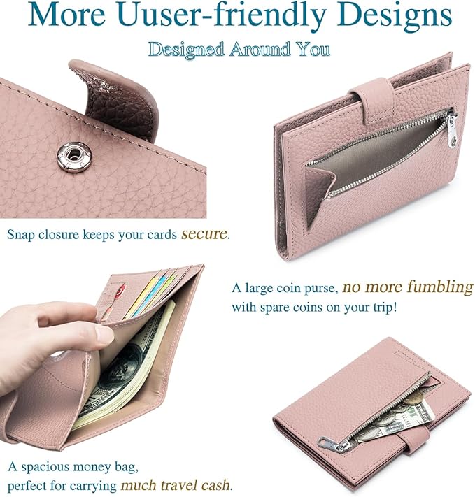 Leather RFID Slim Passport Holder for Travel Women – Passport Wallet for Men with Passport Cover & 3 Card Slots, Zippered Coin Pocket, Cash Holder – Travel Organizer Gift Box (Pink)