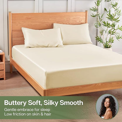 MR&HM Twin Fitted Sheet Only, Ultra-Soft Rayon Derived from Bamboo & Polyester Blend, Silky & Breathable, 15" Deep Pocket with Elastic Straps, Cooling Fitted Sheet for Hot Sleepers, Cream