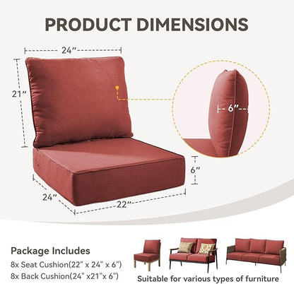 Outdoor Cushion Set for Furniture Patio Furniture, UV Resistant, Water Resistant - 6 Inch Thick Foam Garden Cushions – 22x24 Inch Patio Seat Covers for Chair/Sofa/Couch | Red | 8-Pack |