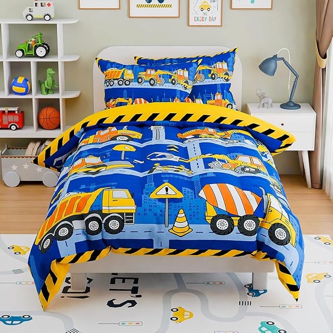 SANDJEST Construction Bedding Sets for Boys, Ultra Soft Microfiber Comforter Bed Set with 3-Pieces, Comforters Sets for Kids Children Boy Bedroom Decor