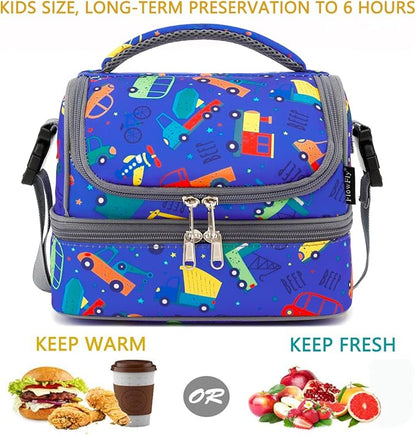 FlowFly Kids Double Decker Cooler Insulated Lunch Bag Large Tote for Boys, Girls, Men, Women, With Adjustable Strap, Car