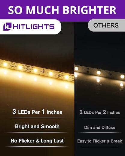 HitLights Warm White LED Strip Lights Kit 3000K, 16.4ft Dimmable Tape Light
