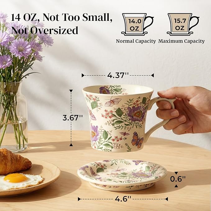 DOWAN 14 oz Coffee Mug and Saucer Set, Ceramic Mug
