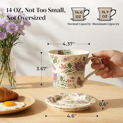 DOWAN 14 oz Coffee Mug and Saucer Set, Ceramic Mug