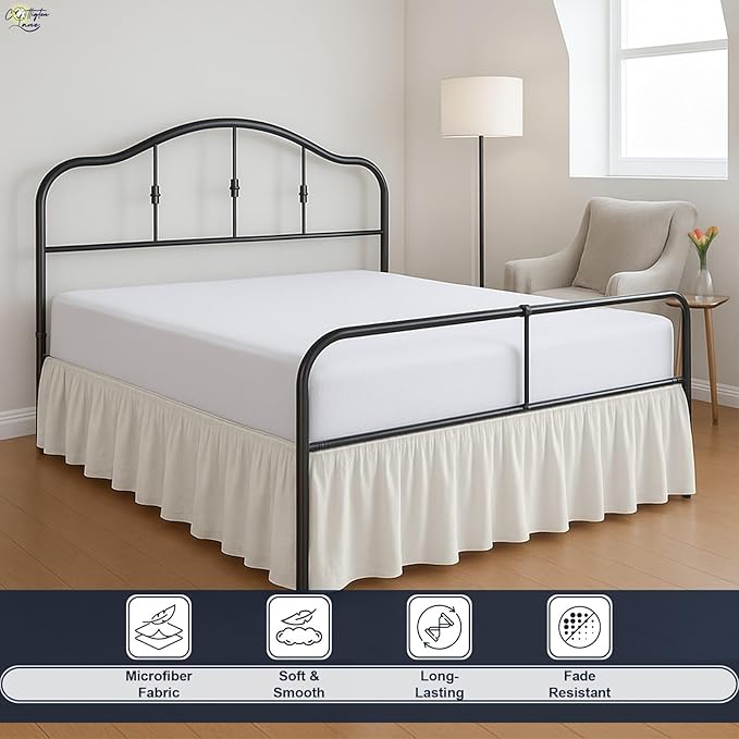 Cottington Lane Ruffled Bed Skirt Queen Size with Split Corner, Brushed Microfiber Hotel Quality Ivory Dust Ruffle, 18 Inch Drop Gathered Bedskirt, Soft and Stylish, Shrinkage and Fade Resistant
