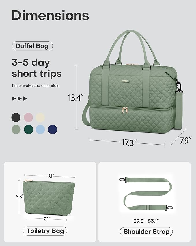HOTOR Travel Duffel Bag - Weekender Bags for Women, Carry On Overnight Bag with Shoe Compartment, with Toiletry Bag for Travel Essentials and Travel Accessories, Green, 13.4"×17.3"×7.9"