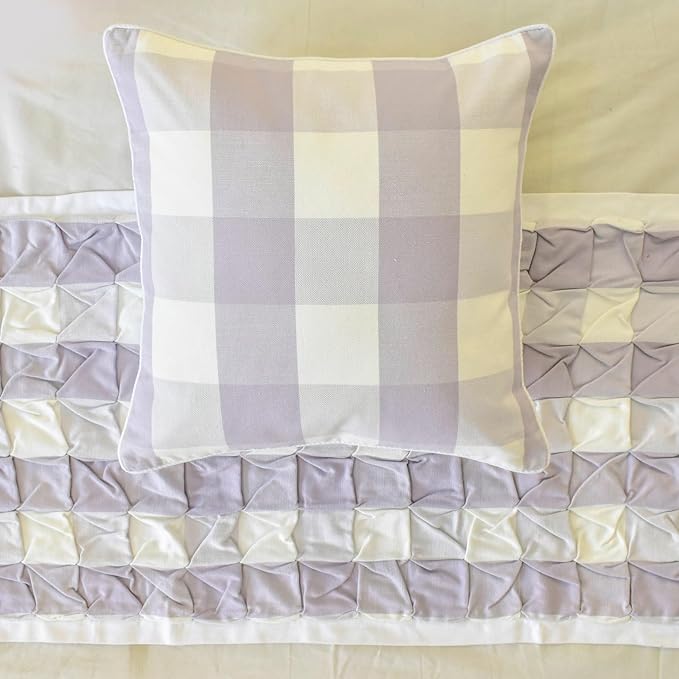 The HomeCentric King/Queen/Twin Lavender Decorative Bed Runner Twin 53"x18" Bed Runner with Two Pillow Cover, Checkered, Buffalo Plaid, Check Bed Scarf on Cotton Fabric - Lavender Plaid Knots