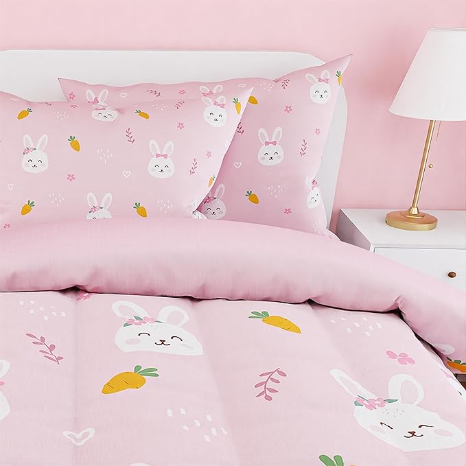 SANDJEST Rabbit Comforter Set Twin Size 68x86in for Kids Girls, Microfiber 3 Pcs Bedding Set Includes 1 Comforter, 1 Pillowcase, 1 Fitted Sheet, Nursery Room Decor