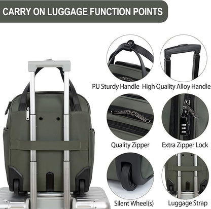 EMPSIGN Underseat Carry On Wheeled - 16" Carry on Bag with Wheels Multi-functional Lightweight Rolling Bag Overnight Weekender Small Suitcase for Women Men Travel Business, Army Green