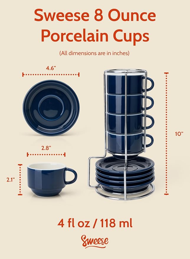 Sweese 8 Ounce Porcelain Stackable Cappuccino Cups