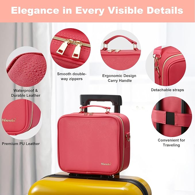 Mocado Travel Makeup Bag with LED Lighted Mirror,Travel Makeup Organizer,Makeup Case with 3 Color Lighted Setting and 10x Magnifying Mirror,Portable Storage and Adjustable Dividers Makeup Box(Red)