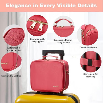 Mocado Travel Makeup Bag with LED Lighted Mirror,Travel Makeup Organizer,Makeup Case with 3 Color Lighted Setting and 10x Magnifying Mirror,Portable Storage and Adjustable Dividers Makeup Box(Red)