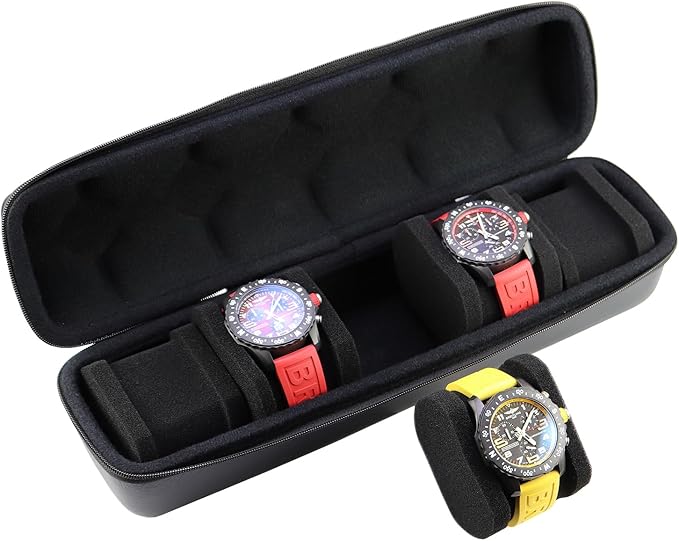 Juntan 5 Slots Hard Watch Travel Case, Portable PU Leather Zipper Storage Organizer Box for Men Women with Soft Compressible Foam Pillow Black