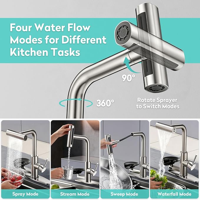 Waterfall Kitchen Faucet with Pull Down Sprayer & Glass Rinser | 4 Adjustable