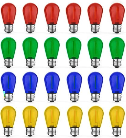 24 Pack S14 Colored LED String Light Bulbs, 1W Plastic Shatterproof Replacement