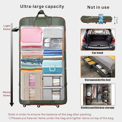 Expandable Large Capacity Travel Bag Oxford Cloth Duffel Bag with Wheels Lightweight Waterproof Travel Foldable Suitcase(ArmyGreen)