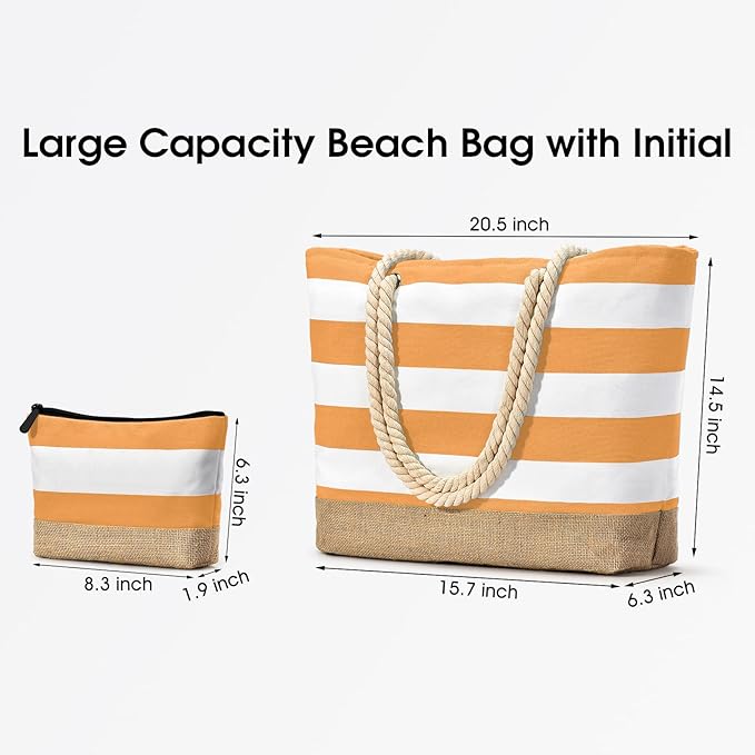 Becokan Beach Bag Initial Beach Tote with Makeup Bag for Travel Work Storage Personalized Birthday Gifts for Women Her