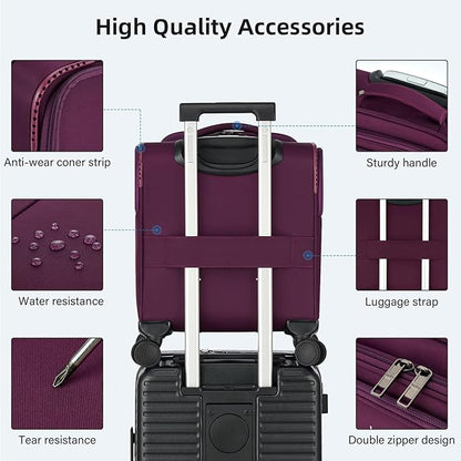 16 Inch Underseat Carry On Luggage with Wheels Softside Small Suitcases Personal Item Bag with Pocket Travel Luggage for Men Women Business Overnight Bag(Purple)