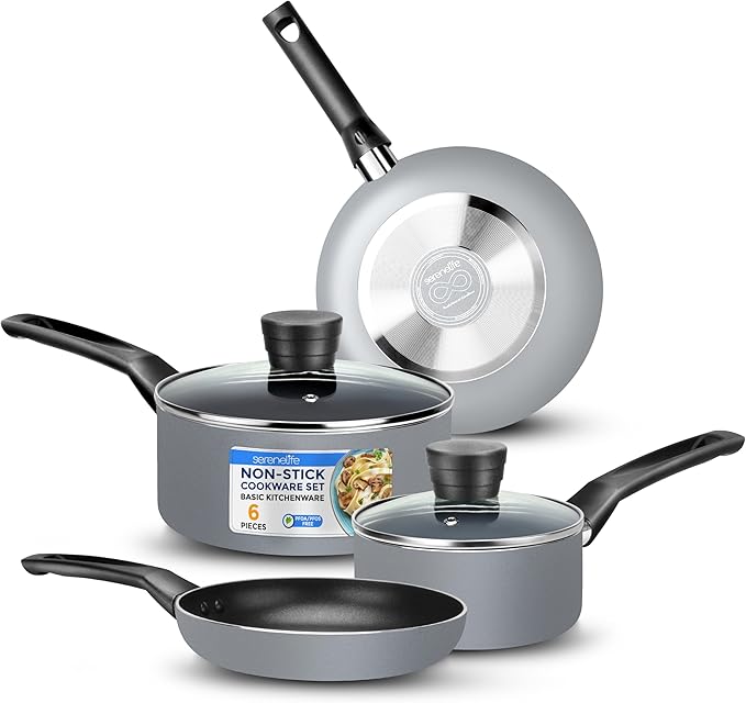 SereneLife Kitchenware Pots & Pans Basic Kitchen Cookware, Black Non-Stick Coating Inside, Heat Resistant Lacquer (6-Piece Set), One Size, Gray