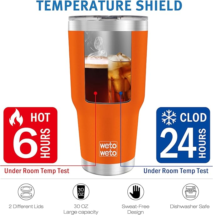 WETOWETO 30oz Tumbler, Stainless Steel Vacuum Insulated Water Coffee Tumbler Cup, Double Wall Powder Coated Spill-Proof Travel Mug Thermal Cup for Home Outdoor (Orange, 1 Pack)