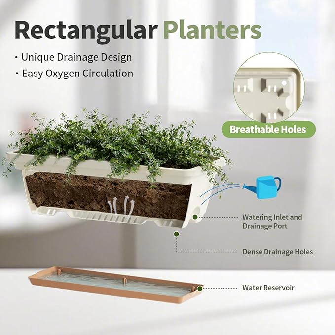 Window Box Planter, 6 Pack Plastic Vegetable Flower Window Planters Boxes 16