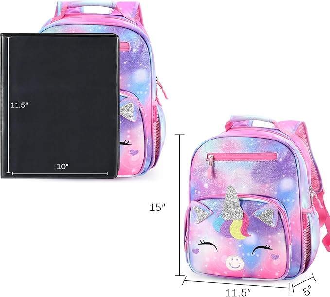 mibasies Girls Backpack for Elementary School, Kids Backpack for Girls 5-8 Unicorn Bangs