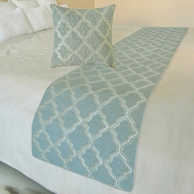 The HomeCentric King/Queen/Twin Light Blue Decorative Bed Runner CA King 86"x18" Bed Runner Without Pillow Cover, Quiled, Embroidery Bed Scarf on Jacquard Fabric - Estelle